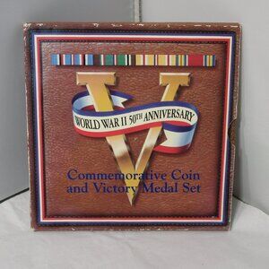 WW II 50th Anniversary Commemorative Coin & Victory Medal Set in Folder
